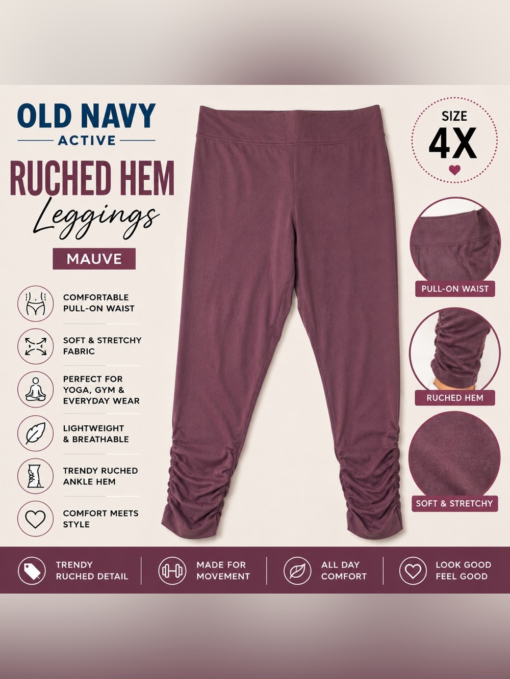 Old Navy Active Mauve Ruched Hem Leggings 4X Soft Stretch Athleisure Yoga Pants
